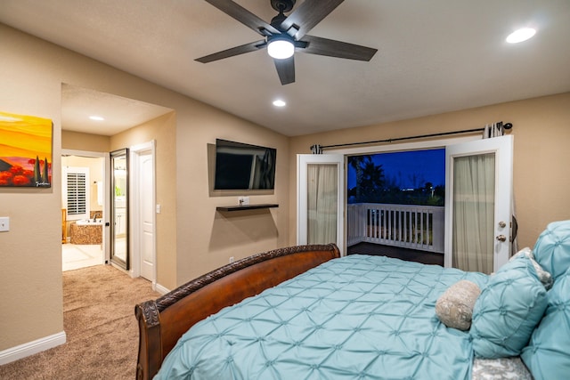 bedroom featuring lofted ceiling, recessed lighting, baseboards, access to outside, and carpet