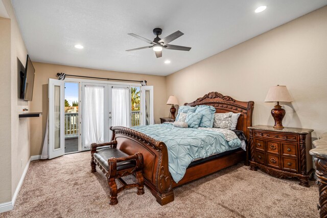 bedroom with french doors, recessed lighting, carpet flooring, access to outside, and baseboards