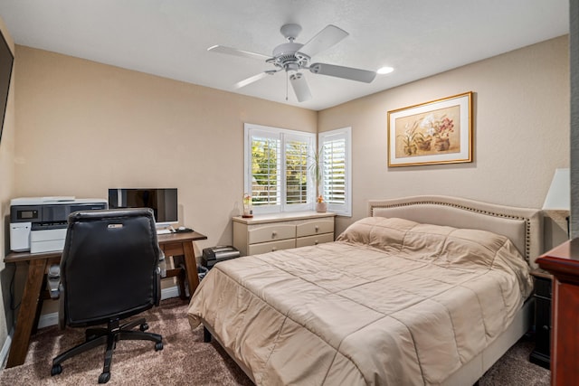 carpeted bedroom featuring ceiling fan and recessed lighting