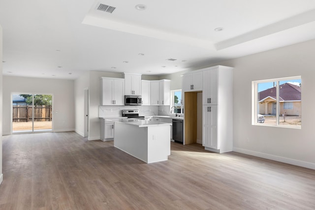 kitchen featuring visible vents, appliances with stainless steel finishes, a kitchen island, and a raised ceiling