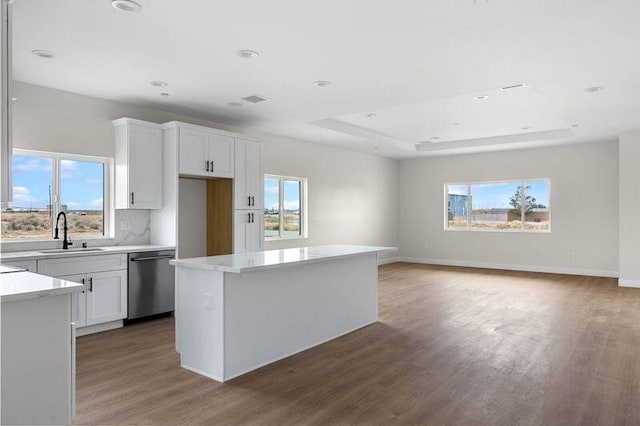 kitchen with dishwasher, wood finished floors, a raised ceiling, and a sink