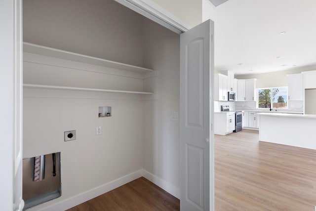 laundry area with laundry area, light wood-style flooring, hookup for a washing machine, electric dryer hookup, and a sink