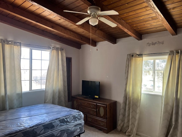 bedroom with vaulted ceiling with beams, ceiling fan, and wood ceiling