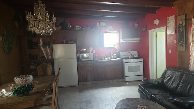 kitchen with white appliances, light hardwood / wood-style flooring, a notable chandelier, beam ceiling, and extractor fan