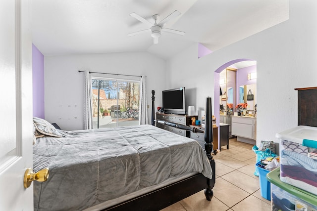 tiled bedroom with access to exterior, ceiling fan, and lofted ceiling