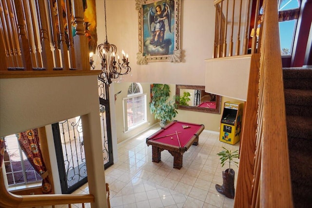 41904 Tucson Ct, Palmdale, CA 93551 - recreation room featuring a chandelier, billiards table, tile patterned flooring, and baseboards