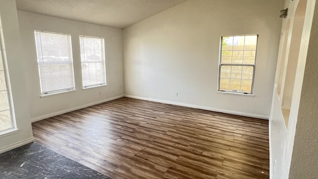 empty room featuring a wealth of natural light, dark wood-type flooring, and a textured ceiling