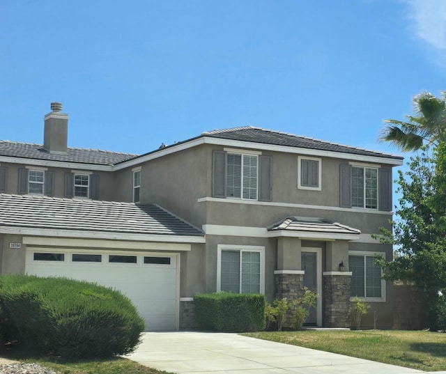 39294 Butler St, Palmdale, CA 93551 - view of front of home featuring stucco siding, driveway, a garage, stone siding, and a chimney