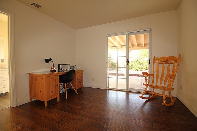 office with baseboards, visible vents, and dark wood-style floors