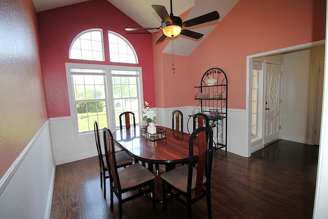 dining room featuring high vaulted ceiling, dark wood-style flooring, and ceiling fan
