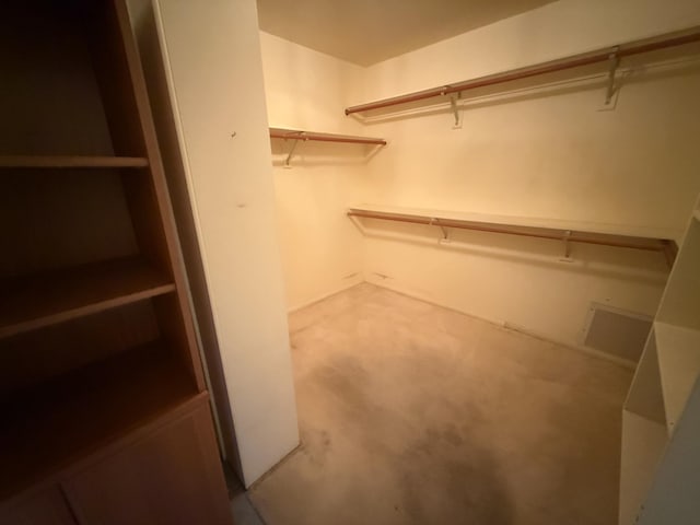 walk in closet with light carpet