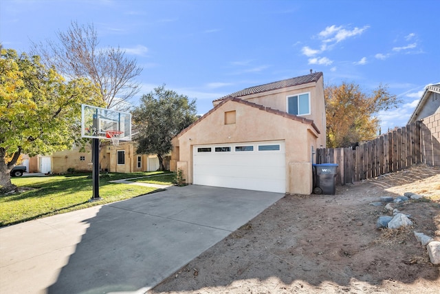 view of property exterior featuring a lawn and a garage