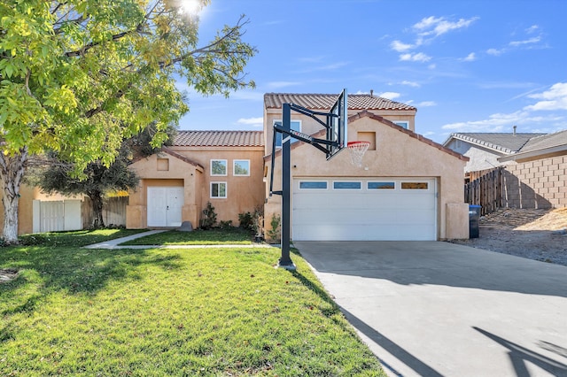 mediterranean / spanish-style home with basketball hoop and a front lawn