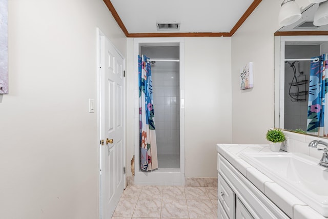 36042 E 32nd St, Palmdale, CA 93550 - full bath featuring tiled shower, crown molding, vanity, and marble finish flooring