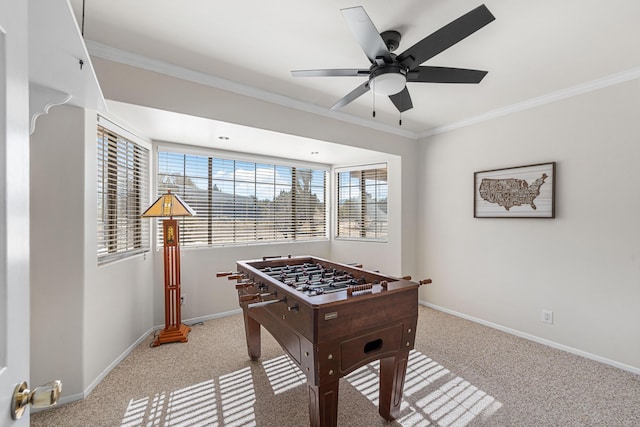 36042 E 32nd St, Palmdale, CA 93550 - game room featuring crown molding, carpet, baseboards, and ceiling fan