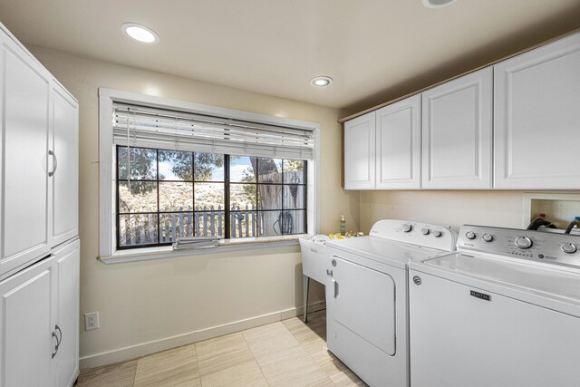 36042 E 32nd St, Palmdale, CA 93550 - laundry room with cabinet space, washer and dryer, baseboards, and recessed lighting