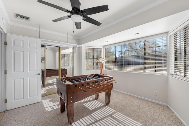 36042 E 32nd St, Palmdale, CA 93550 - playroom featuring ceiling fan, carpet flooring, plenty of natural light, and crown molding