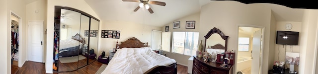 bedroom featuring lofted ceiling, ceiling fan, and wood finished floors