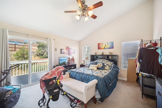 bedroom with vaulted ceiling, carpet, a ceiling fan, and access to exterior