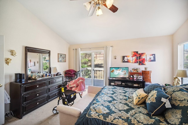 bedroom with access to exterior, ceiling fan, carpet, and lofted ceiling