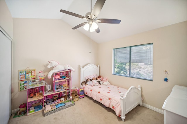 bedroom featuring carpet flooring, ceiling fan, and lofted ceiling