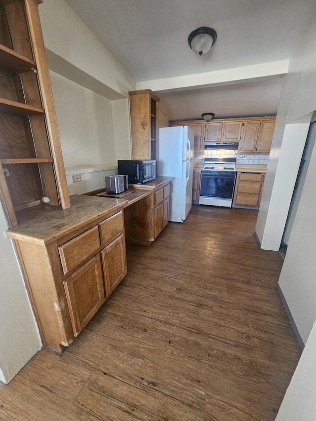 30650 233rd St, Llano, CA 93544 - kitchen featuring open shelves, white appliances, dark wood-style flooring, decorative backsplash, and under cabinet range hood