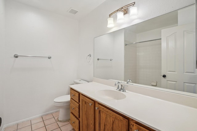 full bathroom featuring vanity, a shower, toilet, baseboards, and tile patterned floors