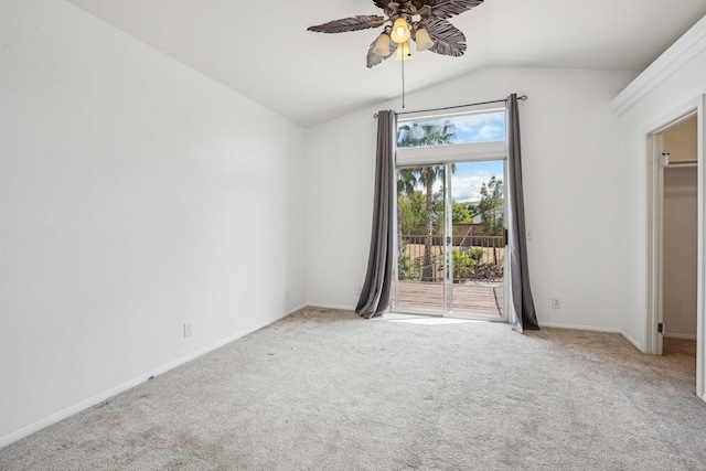 unfurnished bedroom featuring baseboards, carpet, access to exterior, and lofted ceiling