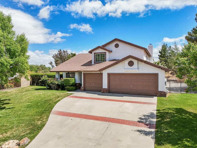 view of front of property with driveway, a front yard, fence, an attached garage, and stucco siding