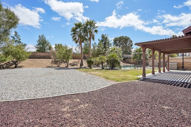 view of yard with a patio, a pergola, and a fenced backyard