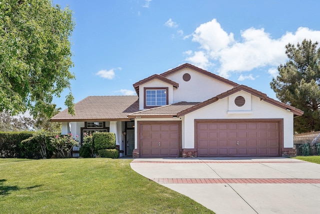 view of front of property with a garage, a front lawn, stucco siding, a tiled roof, and driveway