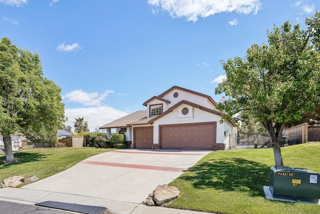 view of front facade with an attached garage, stucco siding, concrete driveway, and a front lawn