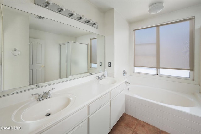 36525 Summerholly Cir, Palmdale, CA 93550 - full bath featuring a bath, double vanity, tile patterned floors, and a shower with door