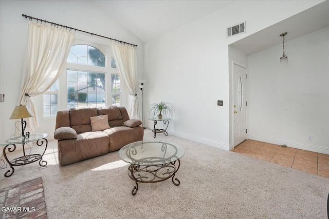 36525 Summerholly Cir, Palmdale, CA 93550 - carpeted living room featuring high vaulted ceiling and healthy amount of natural light
