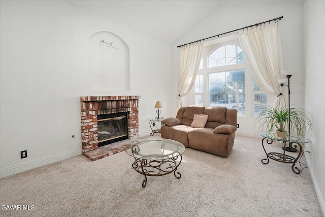 36525 Summerholly Cir, Palmdale, CA 93550 - living room featuring carpet floors, high vaulted ceiling, and a fireplace