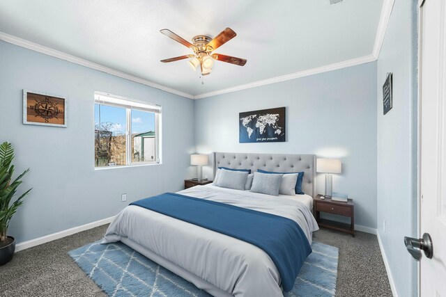 unfurnished bedroom with ceiling fan, carpet flooring, ornamental molding, and ensuite bath