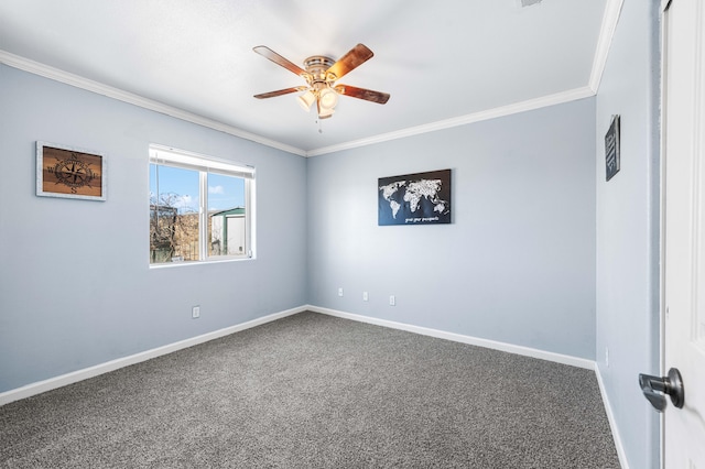 unfurnished room featuring carpet, ceiling fan, and ornamental molding