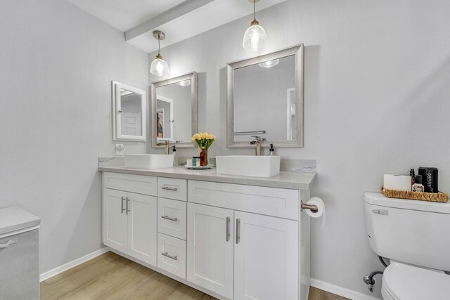 bathroom with hardwood / wood-style flooring, vanity, and toilet