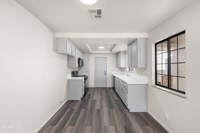 37632 E 15th St, Palmdale, CA 93550 - kitchen featuring black appliances, a raised ceiling, light countertops, and dark wood finished floors