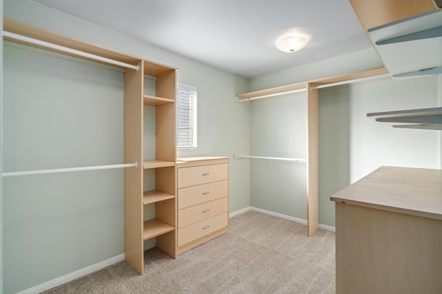 walk in closet featuring light colored carpet