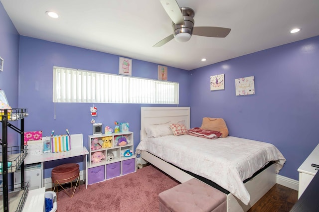 bedroom with a ceiling fan, baseboards, and recessed lighting