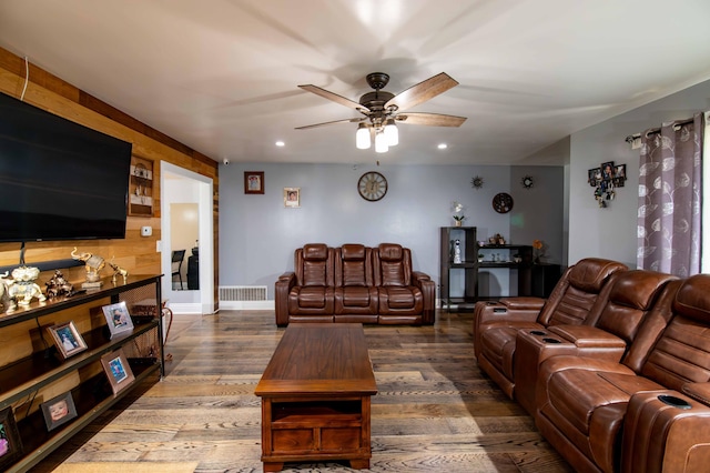 living room with ceiling fan, dark wood-style floors, visible vents, and recessed lighting
