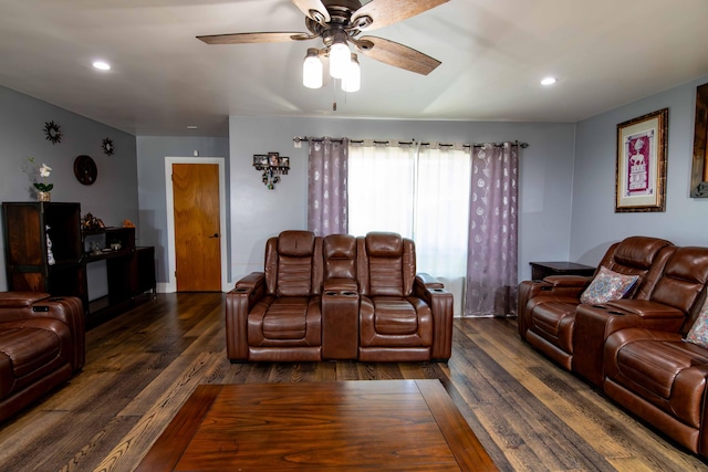 living room with wood finished floors, a ceiling fan, and recessed lighting