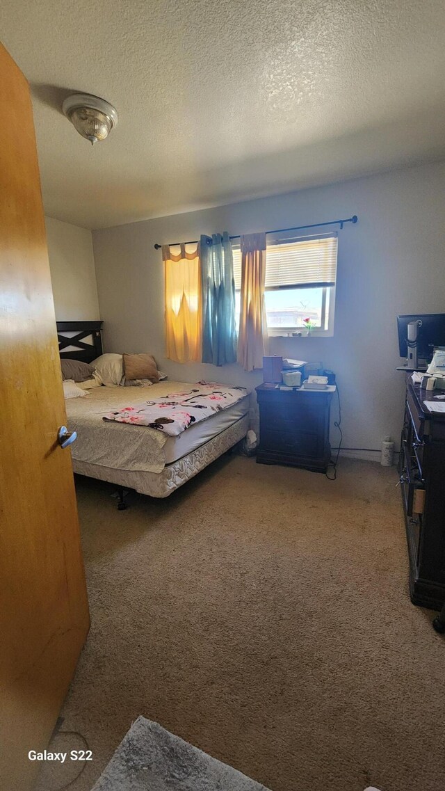 carpeted bedroom with a textured ceiling