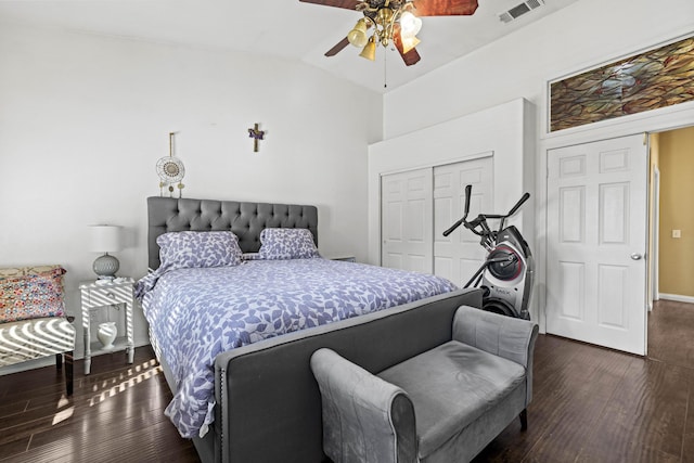 bedroom featuring a closet, ceiling fan, vaulted ceiling, and dark hardwood / wood-style floors