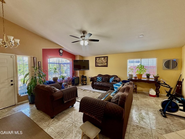 1816 Orange St, Rosamond, CA 93560 - living room featuring a chandelier, plenty of natural light, vaulted ceiling, and a ceiling fan