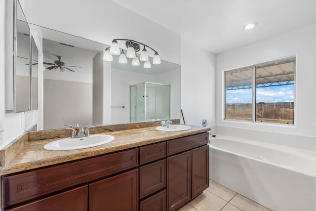 bathroom with vanity, tile patterned floors, independent shower and bath, and ceiling fan