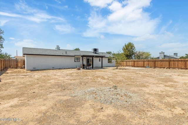 8649 Tamarack Ave, California City, CA 93505 - back of house with crawl space, a fenced backyard, and a patio