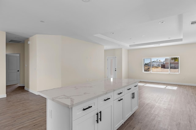 kitchen featuring light stone countertops, light wood-type flooring, a tray ceiling, a center island, and white cabinetry