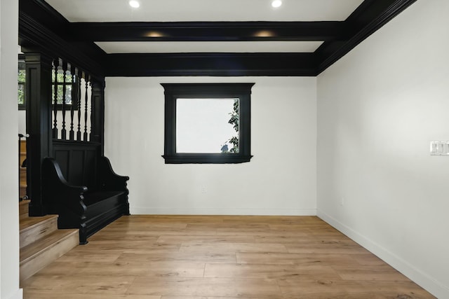 2745 Kenwood Ave, Los Angeles, CA 90007 - interior space with light wood finished floors, baseboards, beamed ceiling, and recessed lighting